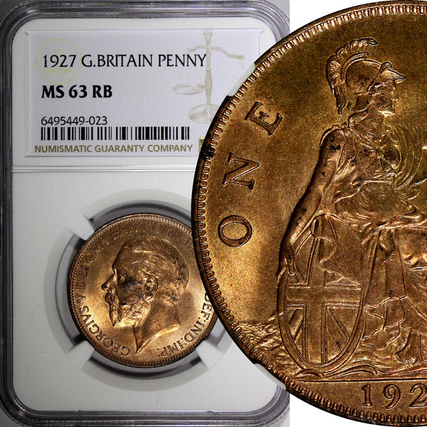 GREAT BRITAIN George V Bronze 1927 1 Penny NGC MS63 RB NICE RED KM# 826 (23)
