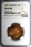 Great Britain Victoria Copper 1841 1/2  Penny NGC MS63 RB Early Date KM# 726 (5)