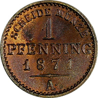 German States PRUSSIA Wilhelm I Copper 1871 A 1 Pfennig KM# 480 (18 218)