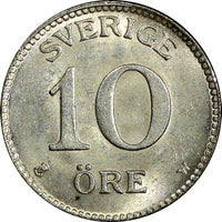 SWEDEN Gustaf V Silver 1918 W 10 Öre UNC TONED KM# 780 (21 909)