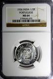 India-Portuguese Silver 1936 1/2 Rupia NGC MS64 Mintage-100,000 SCARCE KM# 23(5)