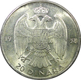 Yugoslavia Petar II Silver 1938 20 Dinara 1 Year Type KM# 23 (343)