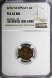 Norway Oscar II Bronze 1889 1 Ore NGC MS62 BN KM# 352