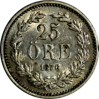 SWEDEN Oscar II Silver 1876 ST  25 Ore XF  KM# 738 (15 570)