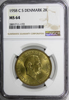 Denmark Frederik IX Aluminum-Bronze 1958 C S  2 Kroner NGC MS64 KM# 838.2 (172)