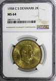 Denmark Frederik IX Aluminum-Bronze 1958 C S  2 Kroner NGC MS64 KM# 838.2 (172)