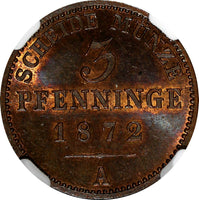 Germany PRUSSIA Wilhelm I 1872 A 3 Pfennig NGC MS65 RB TOP GRADED KM# 482 (031)
