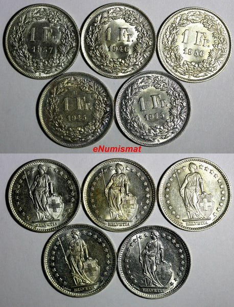 Switzerland Silver LOT OF 5 COINS 1945-1957 1 Franc UNC KM# 24 (17 015)