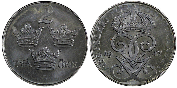 Sweden Gustaf V Iron 1947 2 Öre Choice Unc KM# 811 (857)