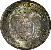 Colombia Simon Bolivar Silver 1938 20 Centavos BU Light Toned KM# 197 (20 110)