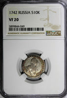 Russia Elizabeth Silver 1742 Grivennik 10 Kopecks NGC VF20 RARE VARIETY C# 16(9)