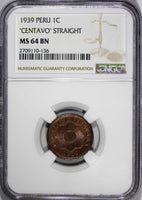 PERU 1939 1 Centavo "CENTAVO " Straight LARGE DATE NGC MS64 BN KM# 208.2 (136)