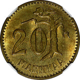 Finland Aluminum-Bronze 1956 H 20 Markkaa NGC MS64 TOP GRADED BY NGC KM# 39 (12)