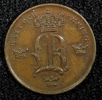 SWEDEN Oscar I Copper 1844 1/6 Skilling 1st Year Type XF KM# 656 (544)