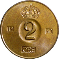 SWEDEN  Bronze Gustaf VI 1960  2 Ore UNC Condition. KM# 821