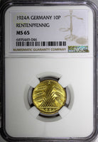 Germany 1924 A 10 Reichspfennig NGC MS65 ONLY 1 GRADED HIGHEST BY NGC KM# 40 (8)