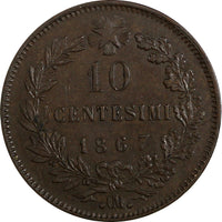 Italy Vittorio Emanuele II Copper 1867 OM 10 Centesimi Strasbourg KM# 11.5 (334)
