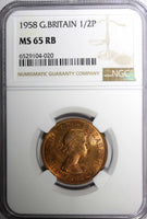 Great Britain Elizabeth II Bronze 1958 1/2 Penny NGC MS65 RB NICE RED KM#896 (0)