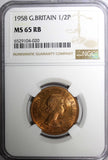 Great Britain Elizabeth II Bronze 1958 1/2 Penny NGC MS65 RB NICE RED KM#896 (0)