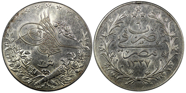 Egypt Muhammad V Silver AH1327/ 6 H  (1913) 20 Qirsh  XF/AU 33 mm KM# 310 (924)