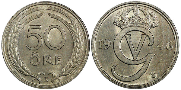 Sweden Gustaf V Nickel-Bronze 1946 TS 50 Ore  High Grade KM# 796 (22 010)