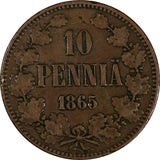 Finland Alexander II Copper 1865 10 Penniä Mintage-250,000 KM# 5.1 (19 628)