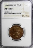 Liberia Bronze 1896 H 1 Cent NGC MS66 RB Nice Mint Luster TOP GRADED KM#5 (14)