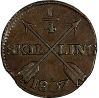 Sweden Gustaf IV Adolf 1807 1/4 Skilling Mint-641,000 Better Date KM# 564 (904)