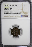 Latvia Bronze 1924 1 Santims NGC MS63 BN Toning Struck at Switzerland.KM# 1