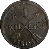 SWEDEN Gustaf IV 1805 1 SKILLING OVERSTRUCK ON 2 ORE (1743-1768) KM# 566(15 068)