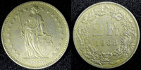 SWITZERLAND Copper-Nickel 1968 2 Francs 1st Year Type KM# 21a.1 (23 365)