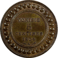 Tunisia Muhammad IV Bronze AH1322//1904 A 5 Centimes BROWN UNC KM# 228 (20 651)