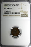 Sweden Oscar II Bronze 1900 1 Ore NGC MS64 BN 1 GRADED HIGHEST KM# 750 (083)