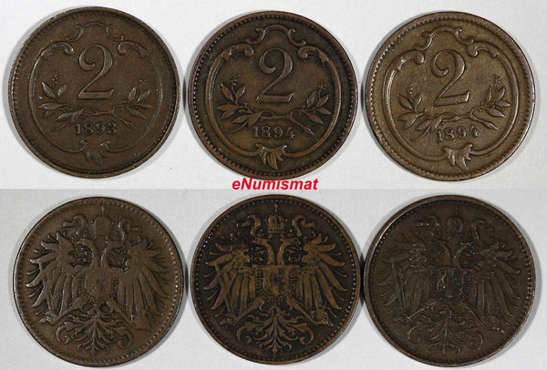 Austria Franz Joseph I Bronze LOT OF 3 COINS 1893,1894 2 Heller KM# 2801 (398)