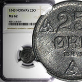 Norway Zinc 1943 25 Ore WWII Issue NGC MS62 ONLY 1 GRADED HIGHER KM# 395 (019)