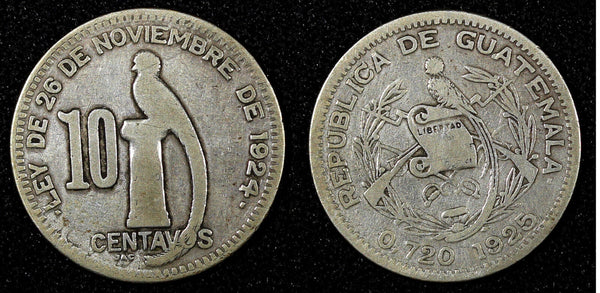 GUATEMALA Silver 1925 10 Centavos 1 st YEAR TYPE BETTER DATE KM# 239.1 (22 754)
