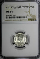 EGYPT Farouk (1936-1952) Silver AH1361//1942 2 Piastres NGC MS64 KM# 365 (028)