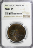 Turkey Abdul Aziz AH1277/4 (1864) 20 Para NGC MS63 BN PROOF LIKE TOP GRADE KM701