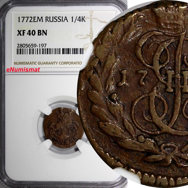 Russia Catherine II 1772 EM Polushka 1/4K. NGC XF40 BN TOP GRADED C# 55.3 (197)