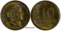 Peru Brass 1948/8 10 Centavos 3 YEARS TYPE aUNC Toning SCARCE KM# 226.1 (14 787)