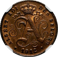 BELGIUM Copper 1912 1 Centime FRENCH NGC UNC DETAILS KM# 76 (032)