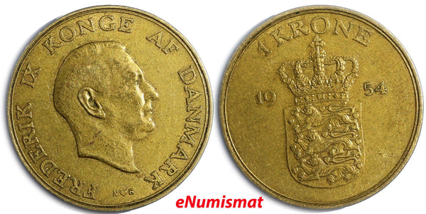 Denmark Frederik IX 1954 1 Krone KEY DATE  25.5mm Mintage- 584,000 KM# 837.1(23)