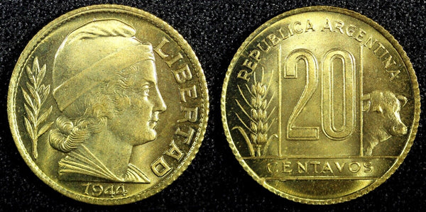 Argentina Aluminum-Bronze 1944 20 Centavos GEM BU COIN KM# 42 (23 959)