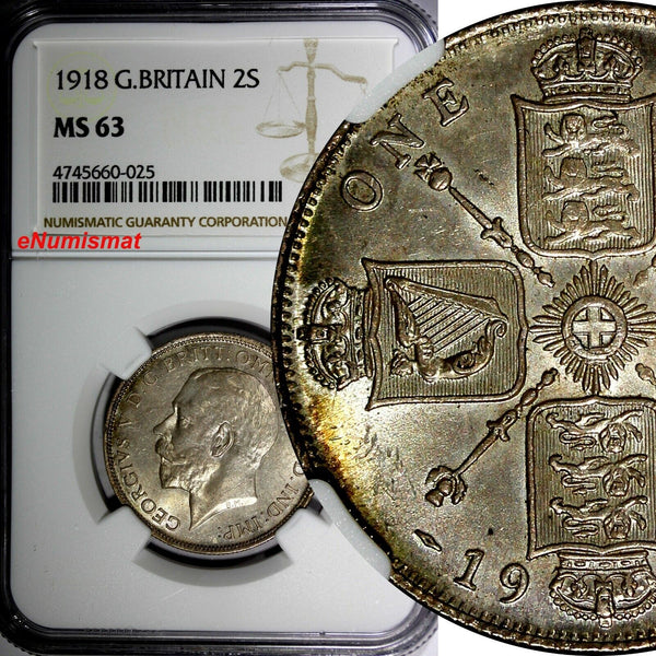 GREAT BRITAIN George V (1910-1936) Silver 1918 1 FLORIN NGC MS63 SCARCE KM817(5)