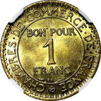FRANCE Aluminum-Bronze 1922 1 Franc NGC UNC DET. Chamber of Commerce KM# 876 (9)