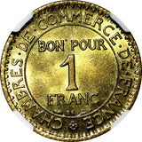 FRANCE Aluminum-Bronze 1922 1 Franc NGC UNC DET. Chamber of Commerce KM# 876 (9)