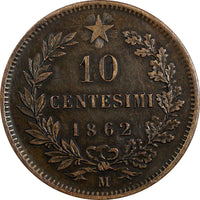Italy Vittorio Emanuele II Copper 1862 M 10 Centesimi Milano Mint KM# 11.1 (325)