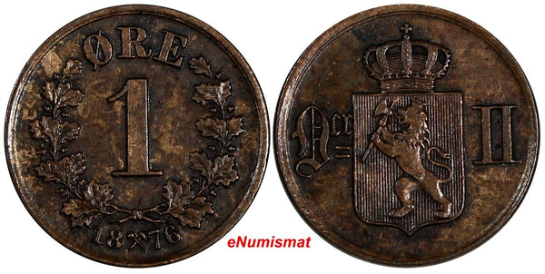 NORWAY Oscar II Bronze 1876 1 Ore Lion 1ST DATE FOR TYPE KM# 352 (13 059)