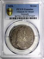 Denmark Christian V Silver 1694 1 Krone PCGS AU DETAILS Dav.#3648 KM# 428.1 (7)