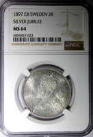 SWEDEN Silver Jubilee Oscar II 1897 EB 2 Kronor NGC MS64 NICE TONED KM# 762 (23)